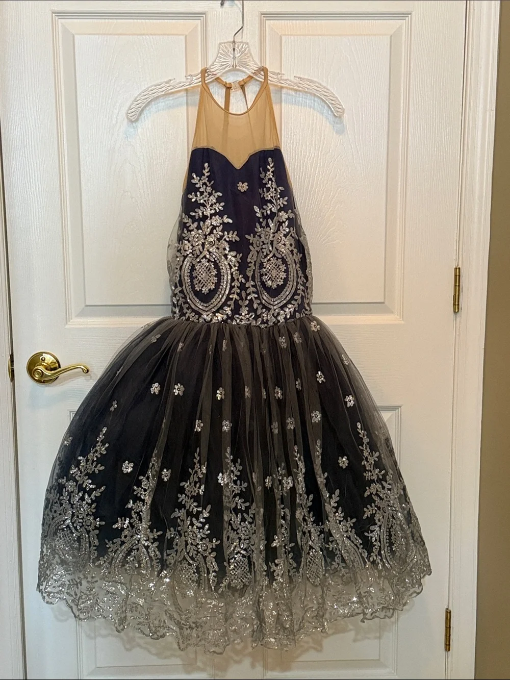 Girls Blue Tulle Dress with Silver Embroidery